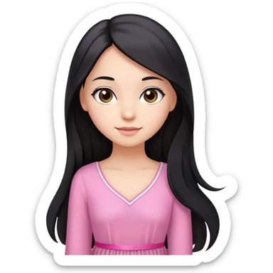 Beautiful girl with very long straight flowing black hair with small waves only at the ends, brown eyes, light skin, slight smile, pink ribbon in hair, and pink dress sticker