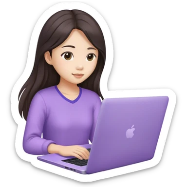 Long hair brunette Asian girl working on lavender laptop sticker