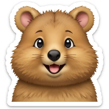 cinematic-realistic quokka-emoji,-small-round-frame, head tilted in an endearing manner, comical smile, round cheeks, giant-fluffy-cheeks-large-smile-fluffy-brown-fur-radiating-a-warm-softness,-big-round-eyes-filled-with-joy, realistic round  fluffy zoomed in, large black eyes one paw raised in the air sticker