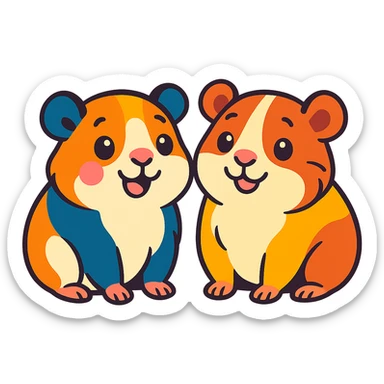 two happy and cute guinea pigs together, colorful and friendly illustration style, white background sticker