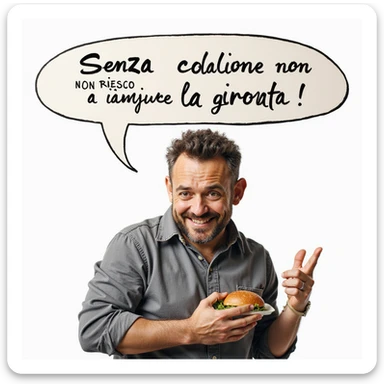 hyperrealistic 4K man isolated on white background, speech bubble saying 'Senza colazione non riesco a iniziare la giornata', smiling expression, realistic details, different pose, variant 2 sticker