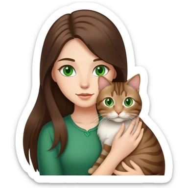 brunette long hair girl green eyes holding a tabby cat sticker