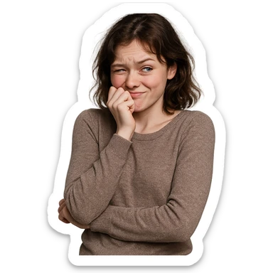 a girl who looks very shy but also very cocky, expressive face, playful body language, contrasting emotions sticker
