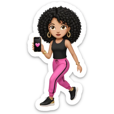 Black woman, adult, 4C black curly hair, dark brown eyes, wearing black top, pink pants, black sneakers, gold hoop earrings, iPhone emoji style na corrida  sticker