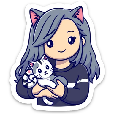 girl with long hair holding a cat with silver stripes sticker