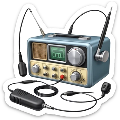 A photorealistic icon featuring a ham radio transceiver, headphones, microphone, antenna, radio equipment like soldering tools and cables, soldering iron in use. The design includes detailed textures and realistic lighting. Transparent background. sticker