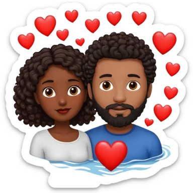 pareja de Mujer morena rizada cabello largo castaño ojos oscuros y hombre blanco cabello negro corto (no es rizado) con barba  y ojos marron al rededor de la pareja corazones sticker