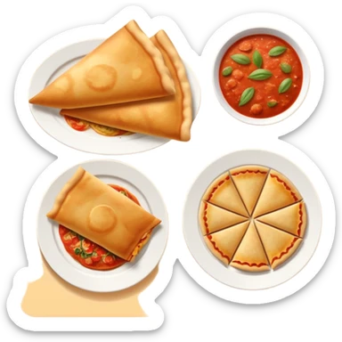 three plates, one plate with a crispy dosa, one plate with pizza and one plate with ravioli sticker