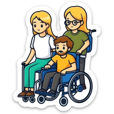 Brown haired man with a beard in a wheel chair with long blonde haired mom pushing sticker