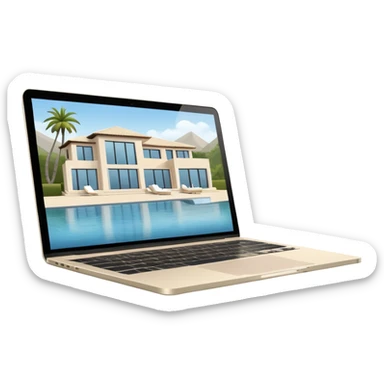 
light beige open macbook sideways with luxury villa on screensaver sticker