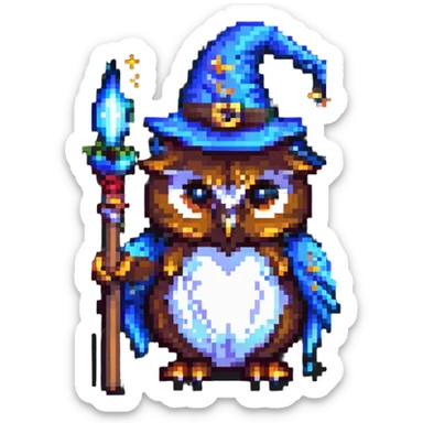 pixel art owl with a wizard hat, holding a wand sticker