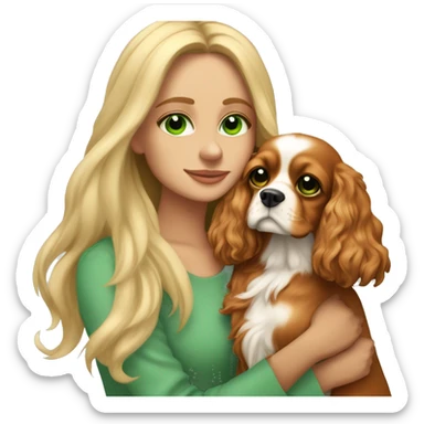 I am a sweet, cozy, beautiful blonde with long hair, green eyes, hugging my beloved Cavalier King Charles Spaniel dog in a shade of Blenheim sticker