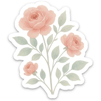close-up of a rose bush with fine color transitions, clusters of roses, naturalistic leaves, watercolor art style sticker