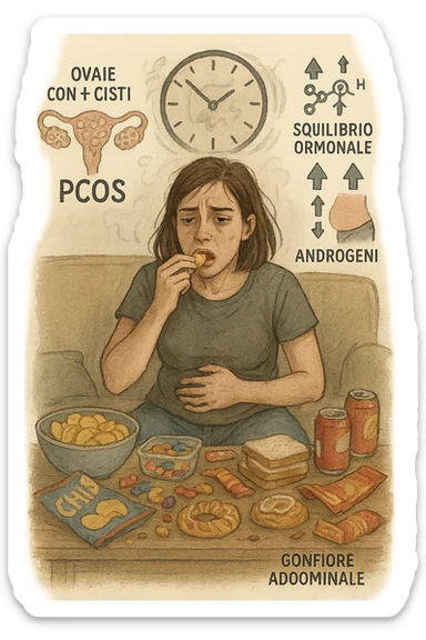 Donna tra i 25 e i 35 anni seduta sul divano o a un tavolo disordinato, circondata da cibi sparsi e poco sani: patatine, dolci, pane bianco, snack confezionati, bibite. Mangiando di fretta, ha un’espressione stanca e frustrata. Intorno a lei, in trasparenza o come illustrazione simbolica, si vedono gli effetti della PCOS peggiorata: ovaie con cisti multiple, squilibrio ormonale (↑ insulina, ↑ androgeni), gonfiore addominale. Sullo sfondo, orologio che corre o caos visivo che comunica disorganizzazione alimentare. Colori spenti e atmosfera stanca. Stile realistico con elementi simbolici e informativi. in italiano sticker