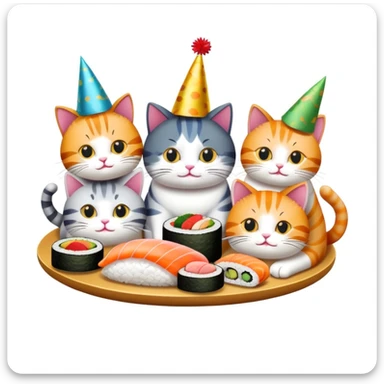 Cats gathered around sushi at a birthday party sticker