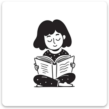 Cute girl sitting cross-legged reading from an open notebook with concentration sticker