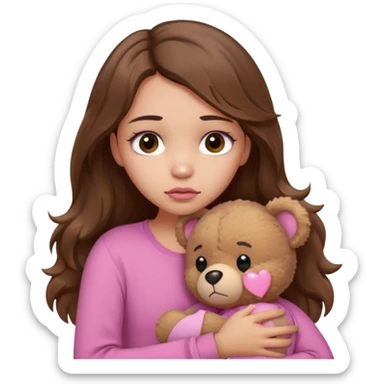 girl with long wavy brown hair, brown eyes, light to medium complexion, in a pink shirt, pink lips, long lashes, sad, hugging squeezing a teddy bear with a broken heart sticker