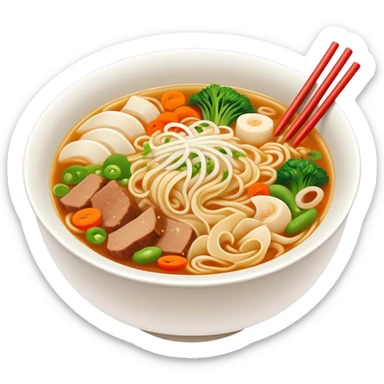 Henan Stewed Noodles with clear soup and vegetables, simplified emoji style with bold outlines and bright colors, cartoon style traditional Hui Mian in bowl sticker