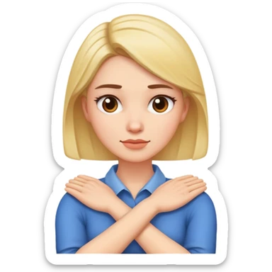 woman with arms crossed holding neck sticker