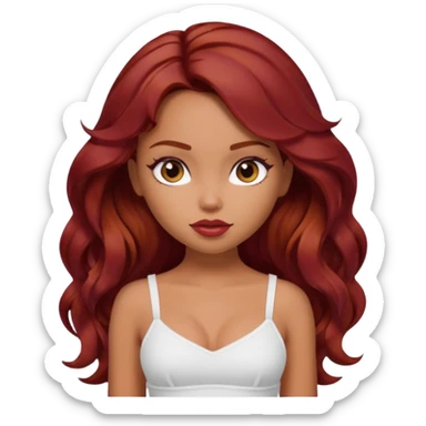 a pretty bratz tan girl with wavy dark red hair wearing a white cami top. Skintone is tan sticker