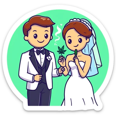 Bride in white dress and groom in tuxedo sharing a cannabis joint, cheerful cartoon wedding couple with festive colorful background sticker