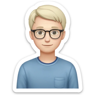 Timid adult male, pale skin, slim, soft features, glasses, slightly hunched posture, shy smile, casual nerdy clothes, small subtle blush, readable at small size, distinct from all other roles sticker