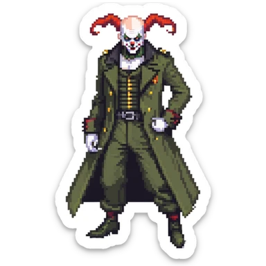 evil clown soldier, bald, small black satan horns on forehead, fangs, pointed ears, eye patch over one eye, long coat over black and military green clothes with bellbottom pants, realistically proportioned, less bulky, full body, fighting stance sticker
