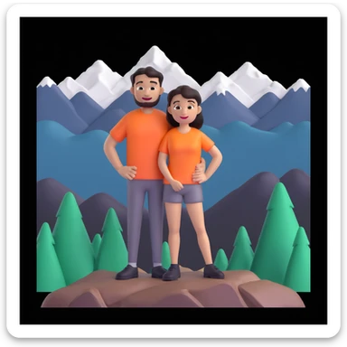 back packer couple posing, mountains in background,   close up pose sticker
