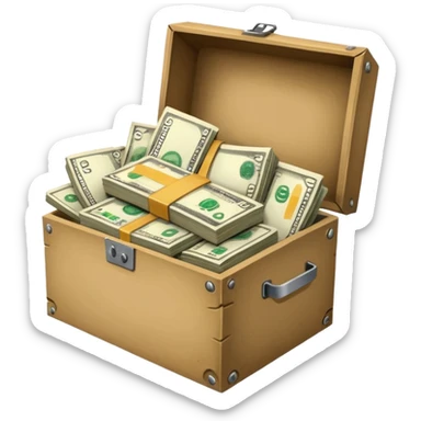 a bunch of miscellaneous stuff in a box, with a small pile of cash note on the side, indicating that this box is for sale sticker