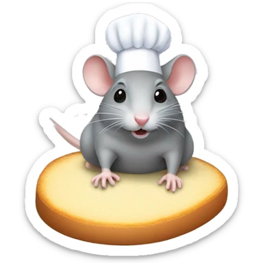 small gray rat on top of a chefs hea sticker