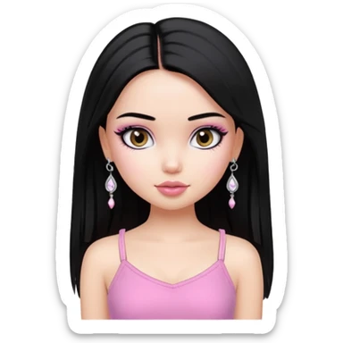 generate a pretty bratz girl with a pink cami top, straight black hair, silver jhumkas on sticker