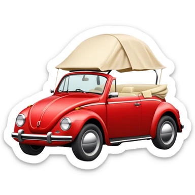 Red Volkswagen Beetle convertible with cream colored rag top sticker