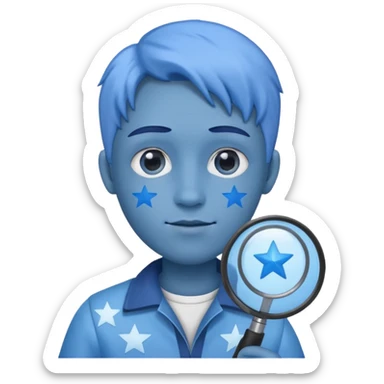 A simple blue left hand holding a magnifying glass which is showing blue stars sticker