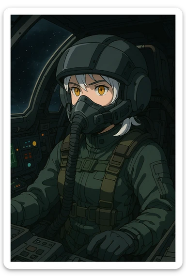 INSIDE of a space fighter cockpit, the pilot is 1 female, white hair, gold yellow eyes, wearing a pilot face helmet and pilot jumpsuit. modern era, future warfare sticker