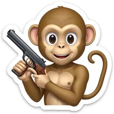 Monkey smiling while holding a fake gun straight in front of him sticker
