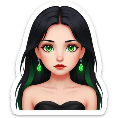 Girl with green eyes. Black hair with red underlights and frontlights hair. Long hair. Black strapless crop top. Very elegant. Skinny face with birthmark under left cheek. sticker