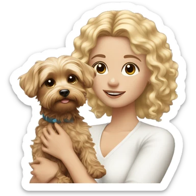 White girl with curly blonde hair holding Yorkie  sticker