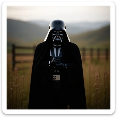 A portrait of a Darth vader in the foreground, blurred plants in the foreground (close to the camera), a wooden fence in the midground, rolling hills in the background, cinematic depth of field, layered composition, natural lighting sticker