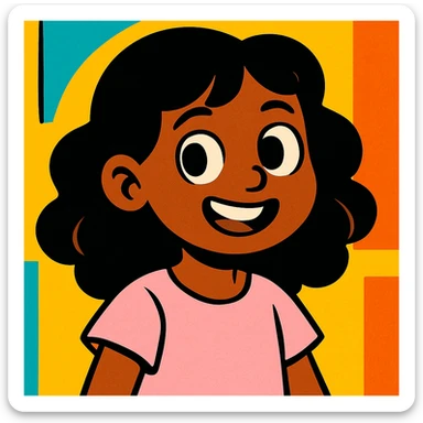 brown girl with black wavy hair, wearing a cute light pink shirt, vibrant cartoon style sticker