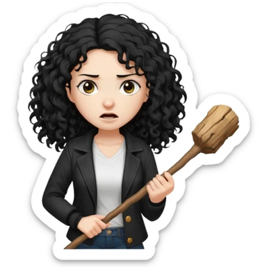 Hey, please generate me an emoji that depicts a woman white skin long black curly disheveled hair slightly thicker, she is wearing a white T-shirt and a black unbuttoned jacket she is furious she is holding a large stick sticker