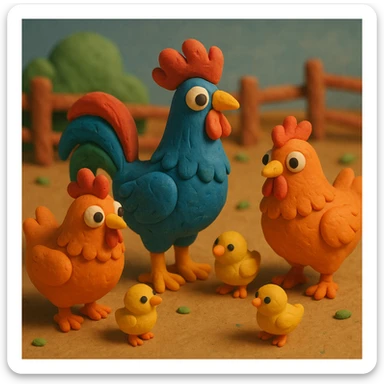 rooster with hens and chicks, cheerful farmyard scene, colorful and cute in claymation style sticker