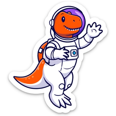cartoon sticker of a t-rex astronaut waving, stars in background sticker