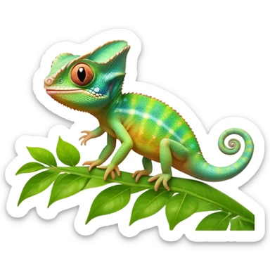 cinematic cute-smiling baby chameleon-realistic emoji,-blending-with-vibrant-greenery.-detailed-scales-in-shifting-colors,-showing-the-chameleon’s-ability-to-camouflage.-soft-natural-light-highlights-its-texture.-light-background, zoomed into its face sticker