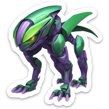a purple-green Genesect-Raptor-Fakémon—hybrid with a futuristic visor-helmet full body sticker