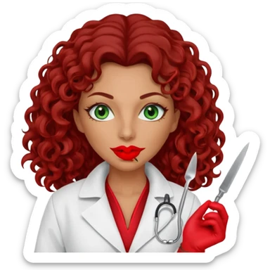 Lilith symbol sexy evil woman. She has green eyes.  had brown long curly hair.  evil surgeon kills with scalpel wears red sexy doctor coat with red mouth cover red gloves. Covers nose, neck  and mouth with Muslim red berka sticker
