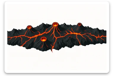 Top-down orthographic view (strictly from above) of a volcanic mountain belt strip designed as a map overlay. A long curved ridge line made of dark rocky mountains, with several small volcano cones along the strip. Bright red-orange lava cracks and glowing magma seams running through the ridge, symbolizing a tectonic plate boundary and magma being pushed upward. Clean infographic style, sharp silhouette, high contrast, minimal details, no perspective, no depth tilt, no horizon. Isolated single object centered on a pure white background (#FFFFFF). No text, no labels, no watermark. 4K, wide horizontal banner composition. sticker