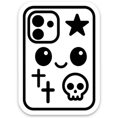 Change the color scheme to white and black, gothic kawaii phone case, big eyes, smiling, playful, cartoonish, gothic symbols, color outline icon style, no background. sticker