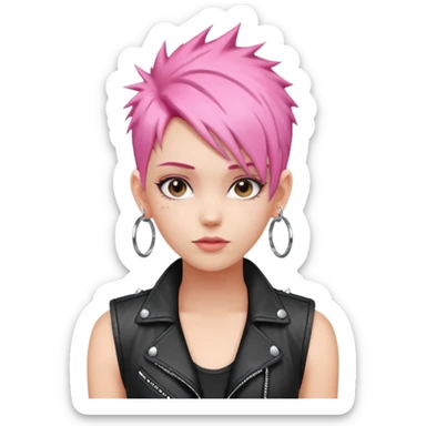 young fashionable woman, short spiky pink hair, wearing a leather vest and hoop earrings, confident look sticker