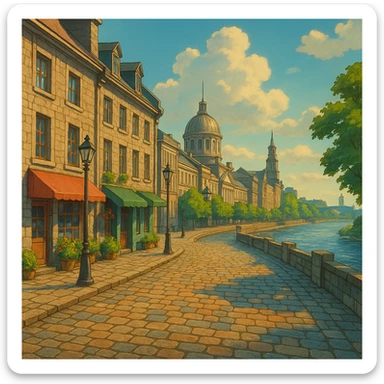 Montreal’s Old Port with cobblestone streets and river, ghibli style sticker