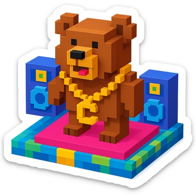 Russian grizzly bear with a rapper chain, standing on a stage sticker